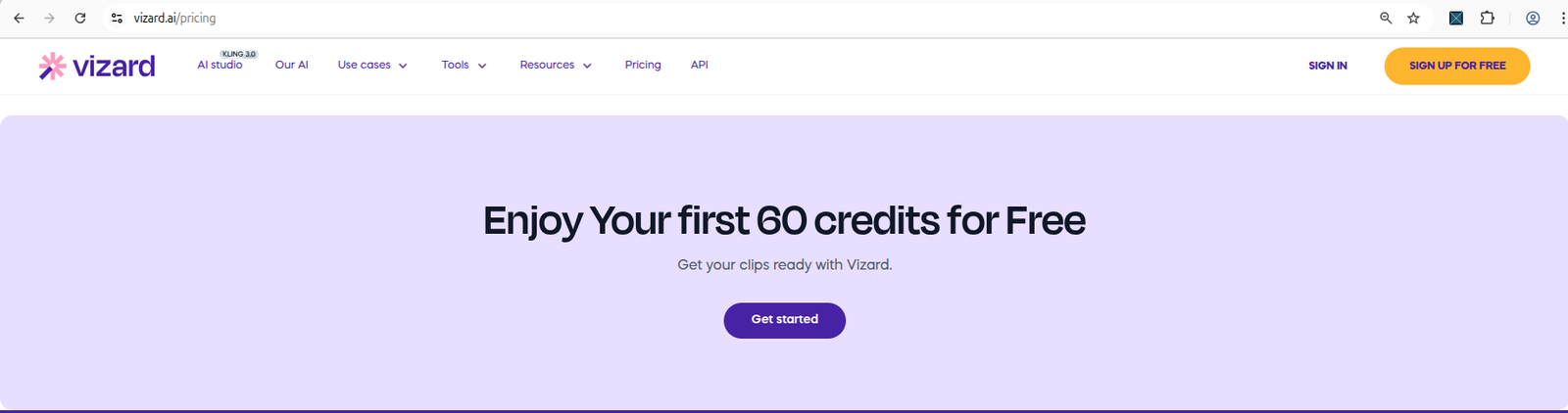 Vizard AI dashboard showing credit balance of 60 credits before processing and 59 credits after generating one AI clip