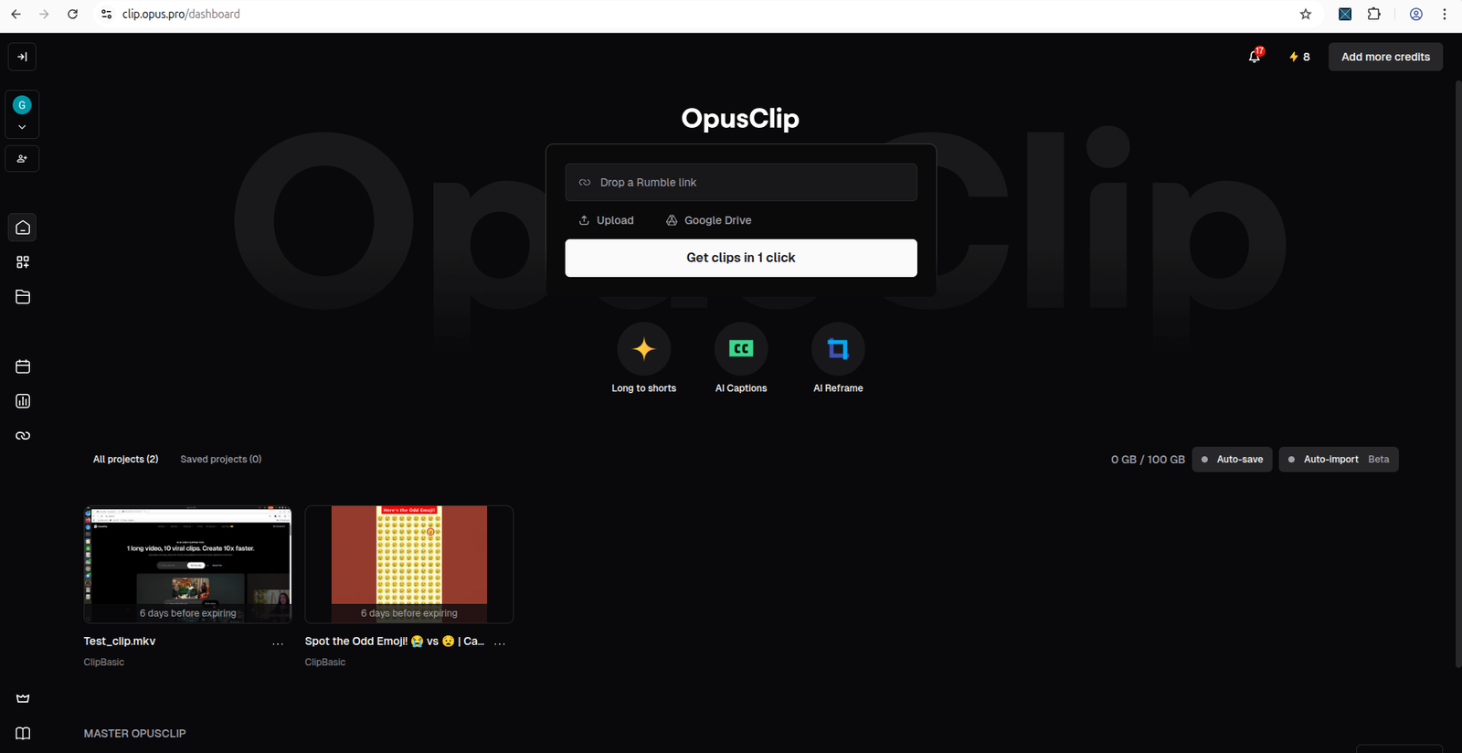 OpusClip result view displaying transcript analysis and post-generation editing options after AI Reframe workflow completion