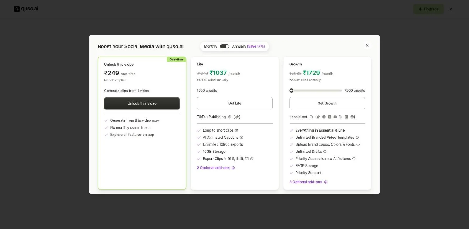 Quso.ai's upgrade paywall appearing immediately on upload, before the settings screen, on a free account
