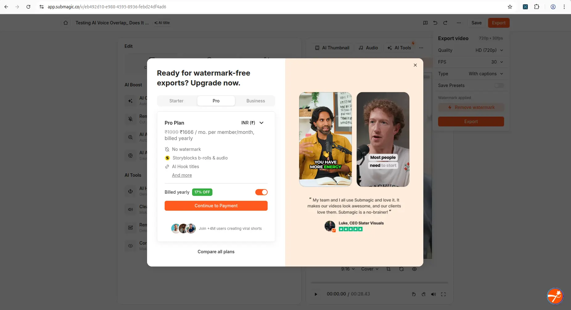 Submagic editor preview displaying trial watermark status before export button is clicked