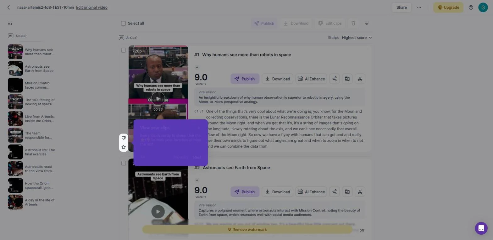 Ten clips generated by Vizard's Model v1 from the NASA source, each thumbnail carrying the "made with Vizard.ai" watermark
