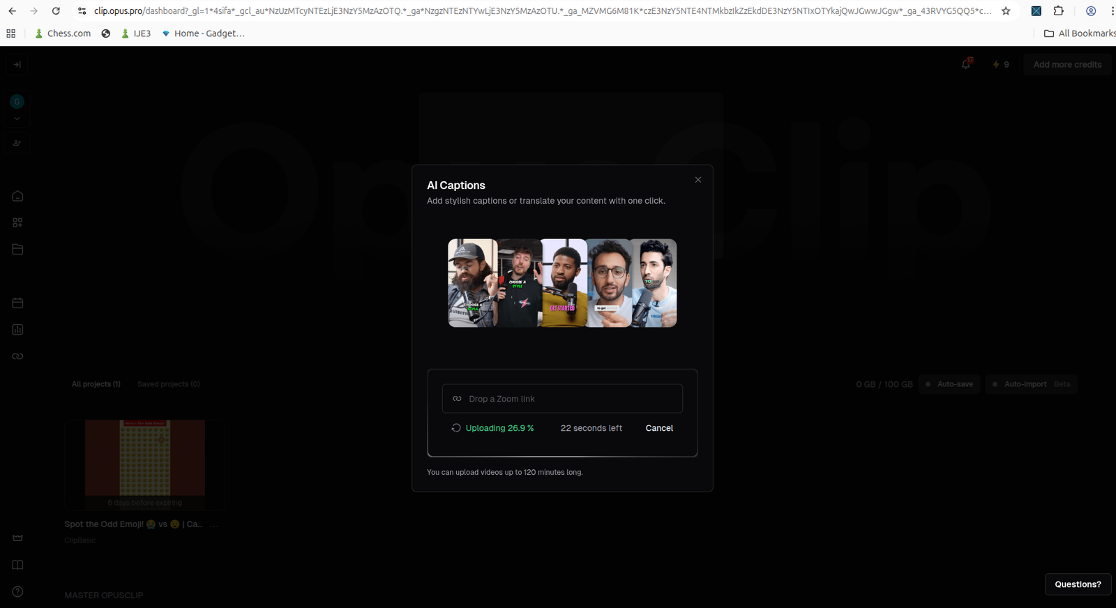 OpusClip upload workflow screen