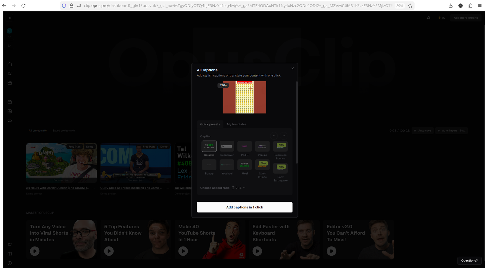 AI Captions template selection screen