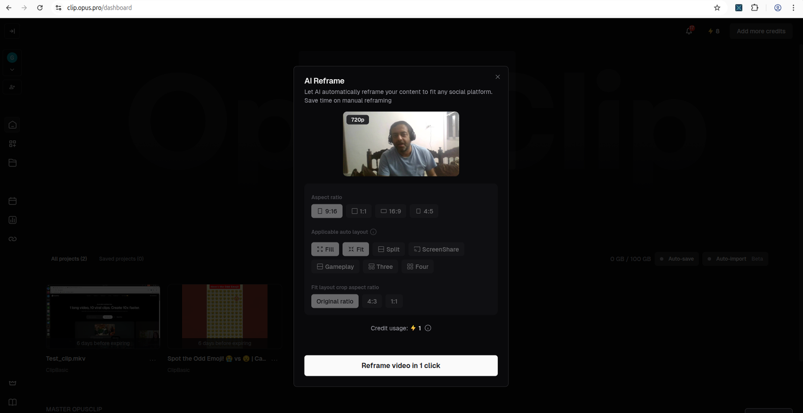 AI Reframe options screen with 9:16, Fill, and Original ratio selected