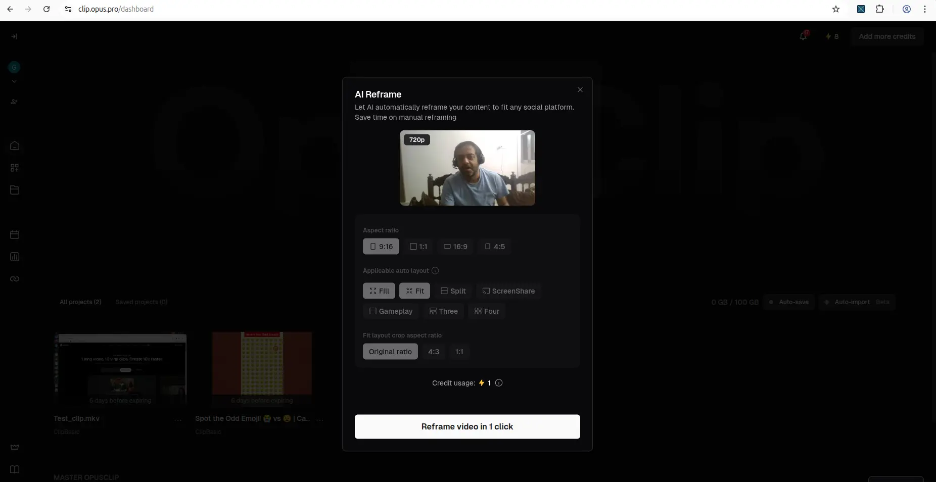 AI Reframe options screen with 9:16, Fill, and Original ratio selected