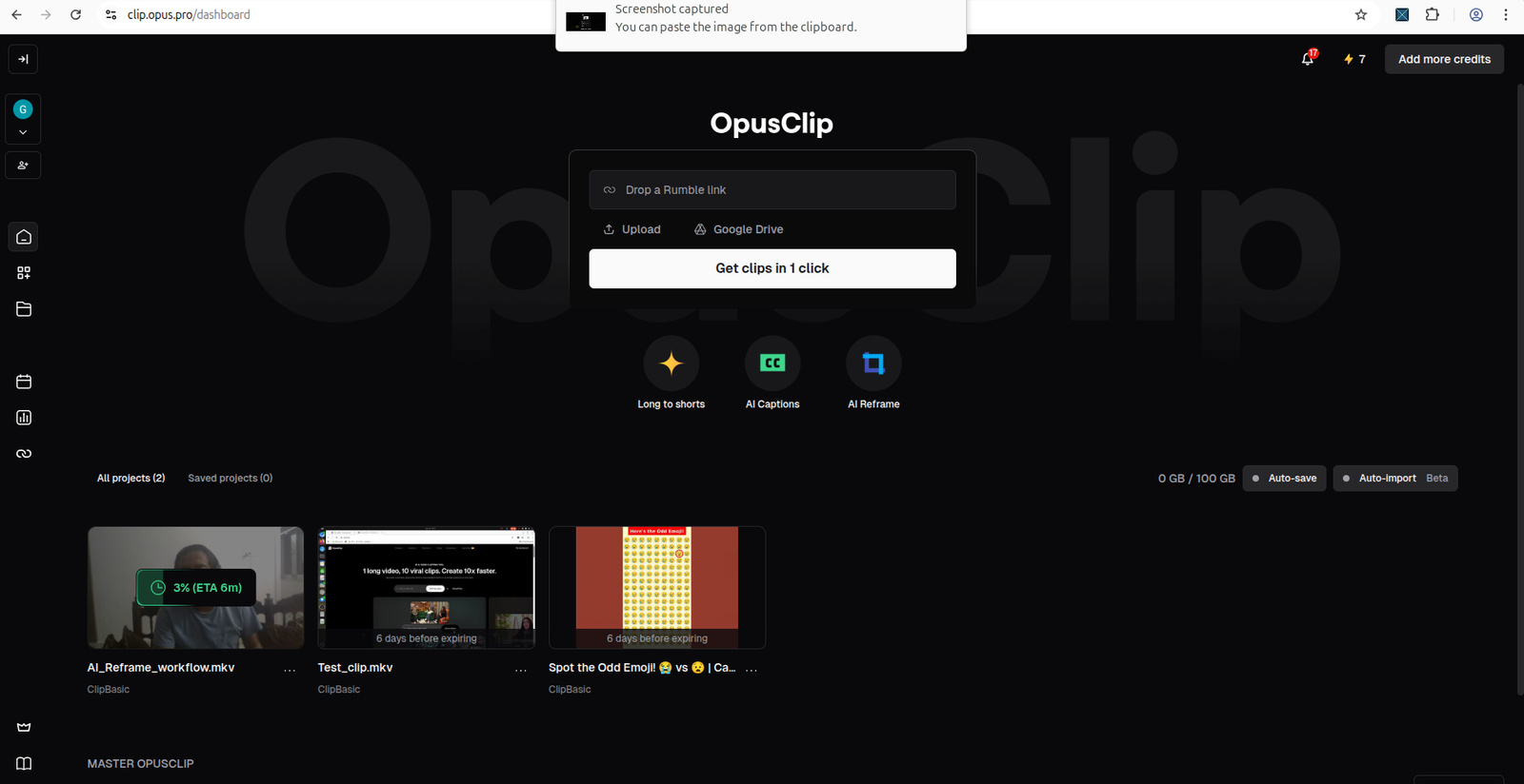 Dashboard trial popup showing 10 free credits for 7 days