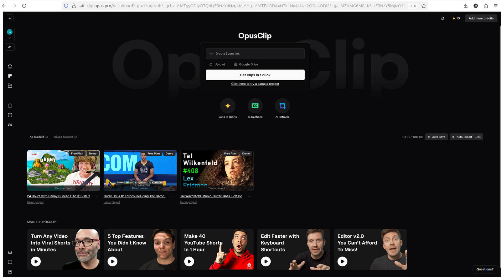 Dashboard home with upload, Zoom link, and Google Drive input options
