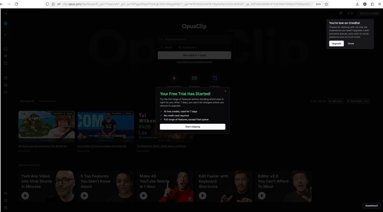 Dashboard trial popup showing 10 free credits for 7 days