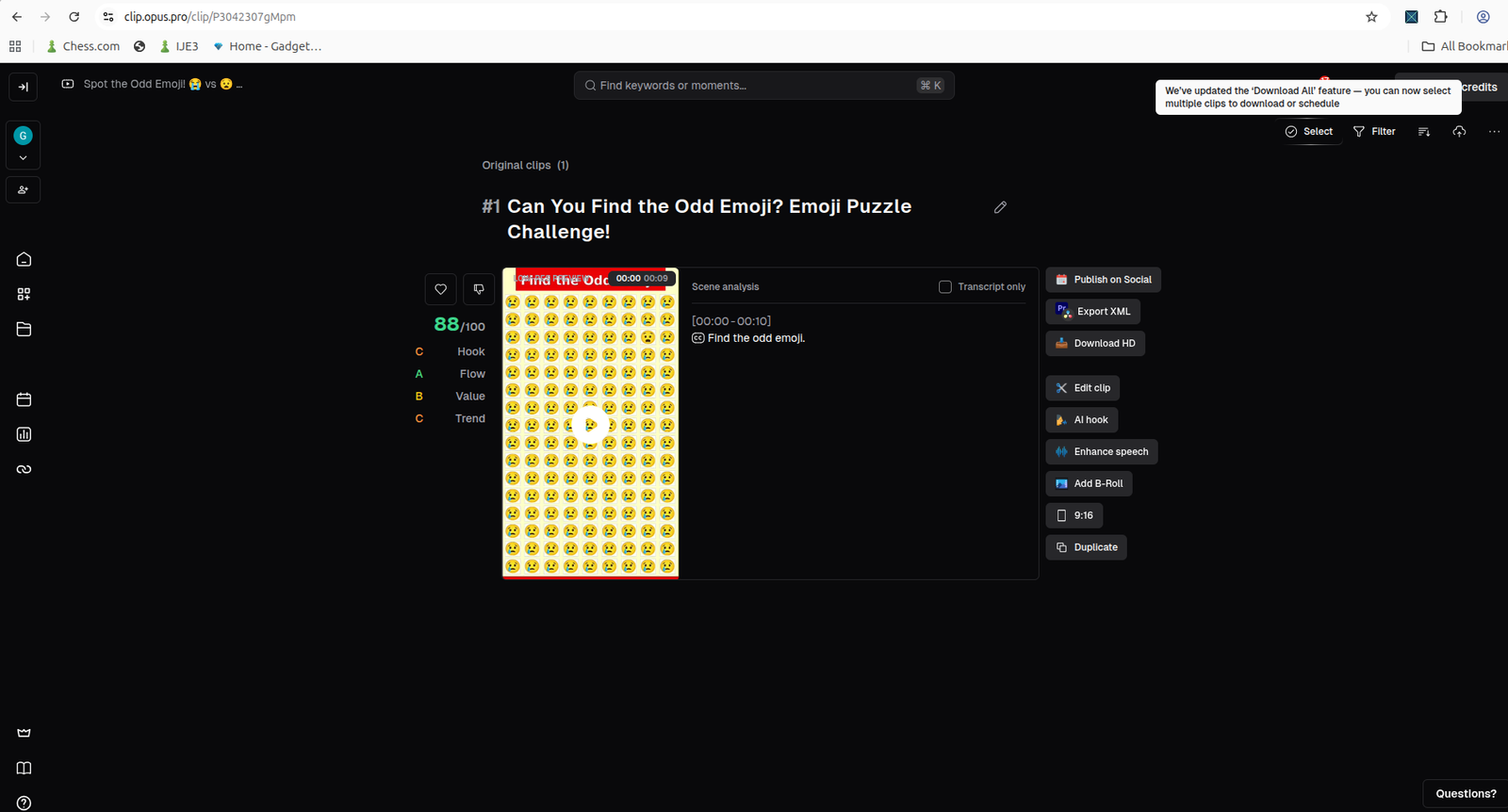 Generated clip view with transcript analysis and editor actions
