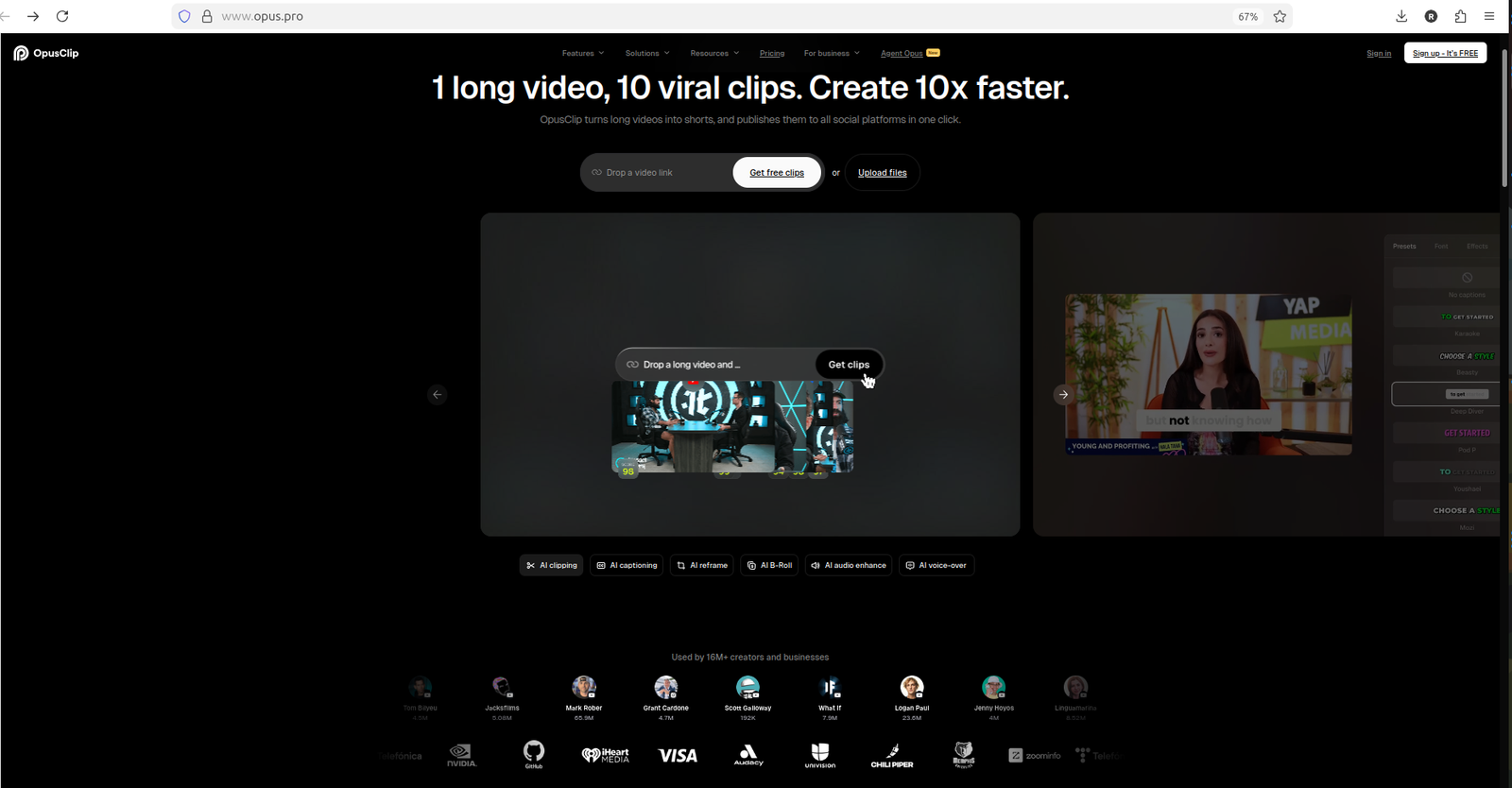 OpusClip homepage hero screenshot