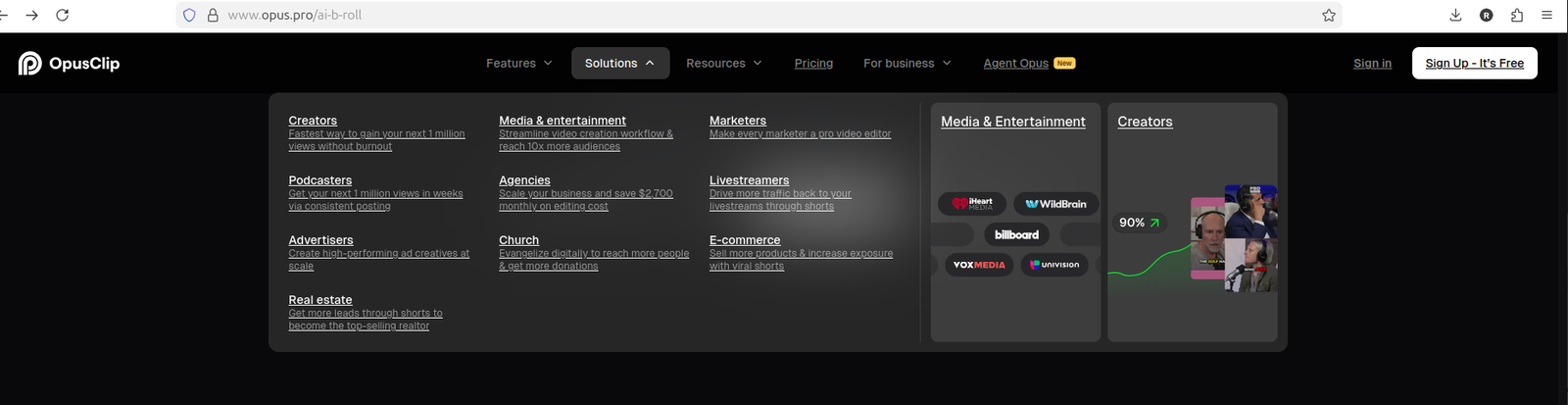 Solutions menu showing creator and business target users