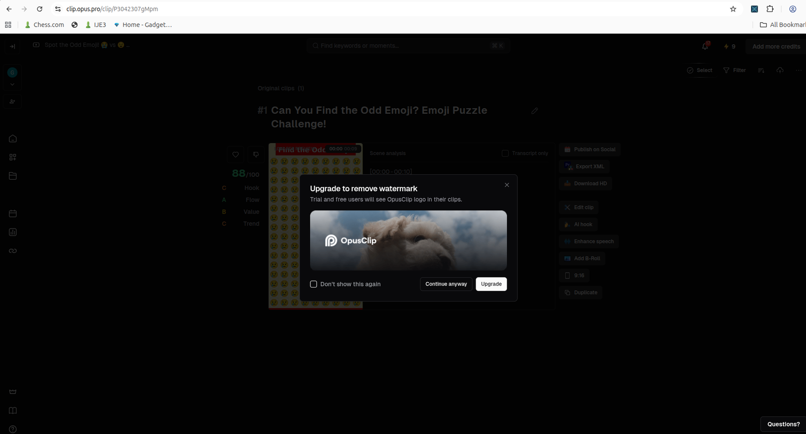 Download HD popup showing watermark and upgrade requirement