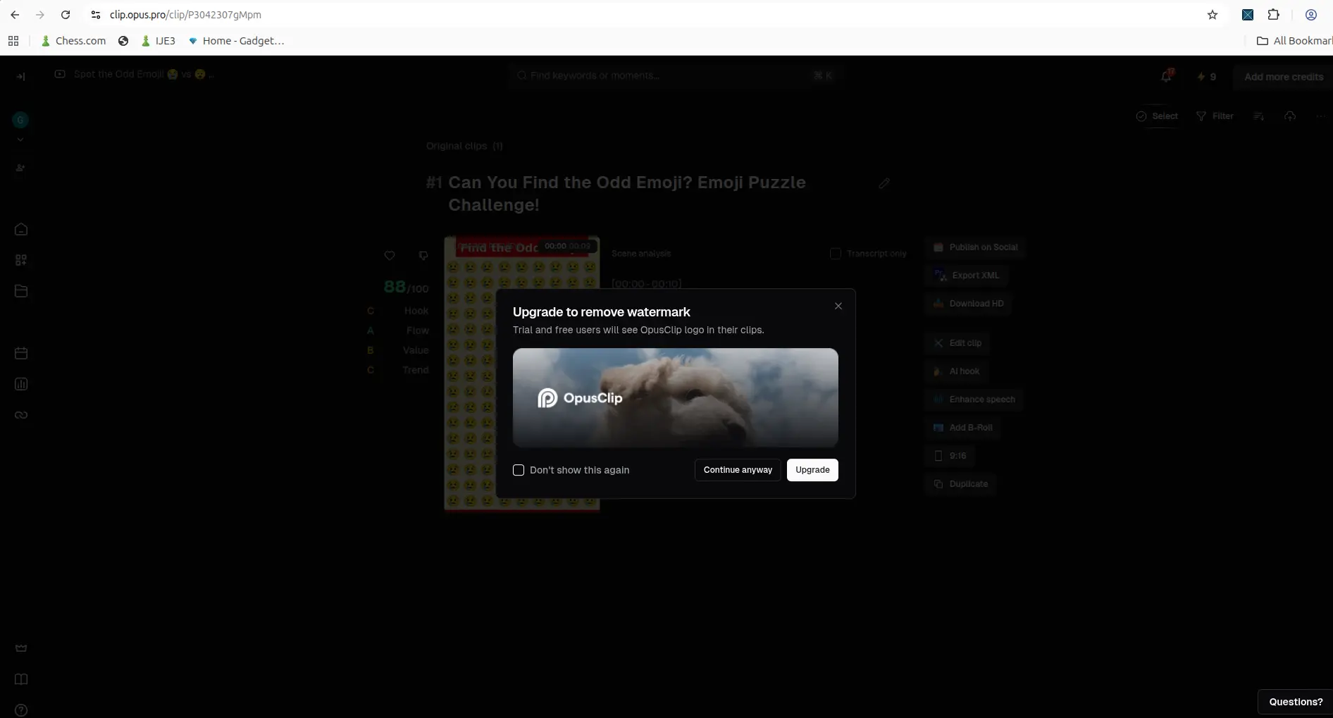 Download HD popup showing watermark and upgrade requirement