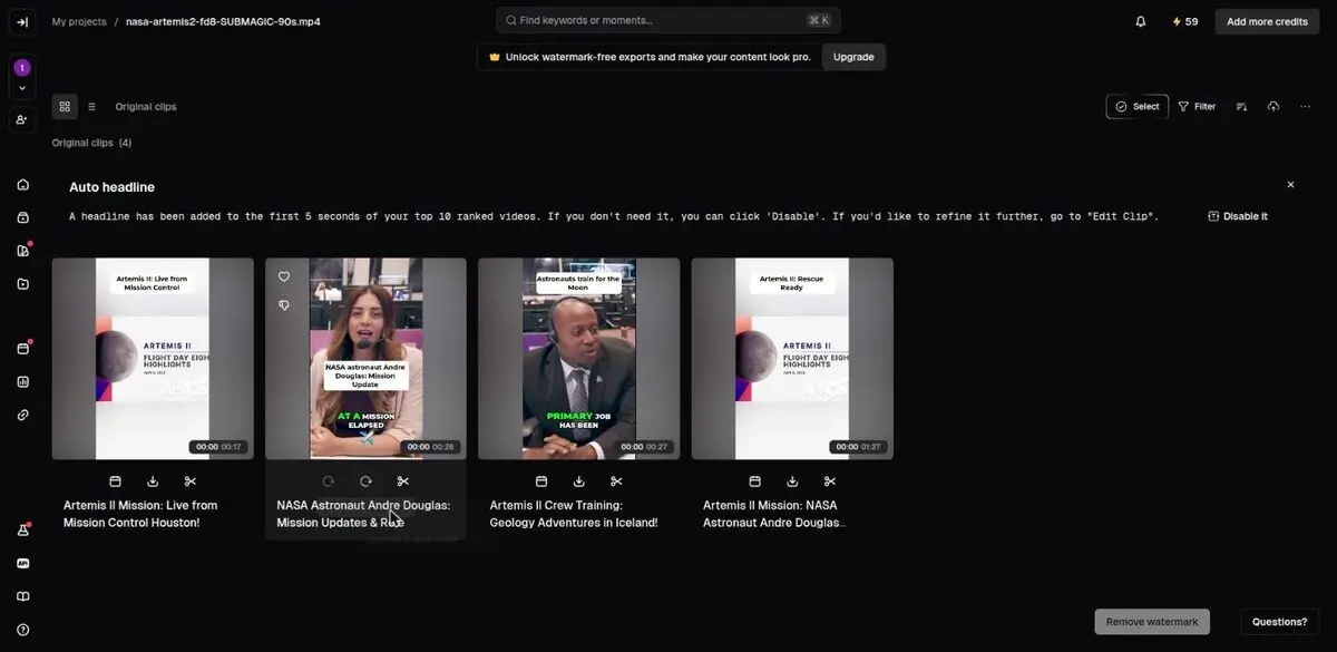 OpusClip clip grid immediately after clicking Download HD, rendering with no upgrade modal and no paywall