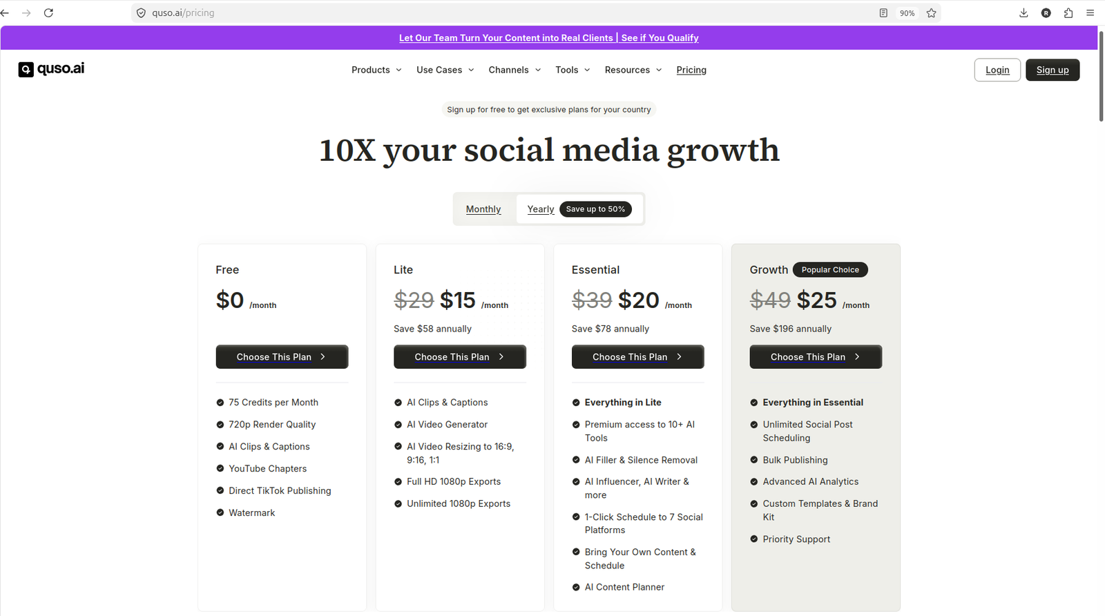 Quso.ai pricing page showing free and paid plans