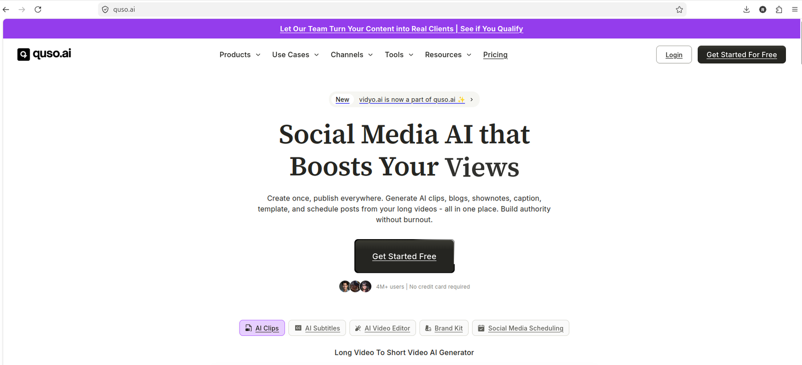 Quso.ai homepage showing social media AI positioning
