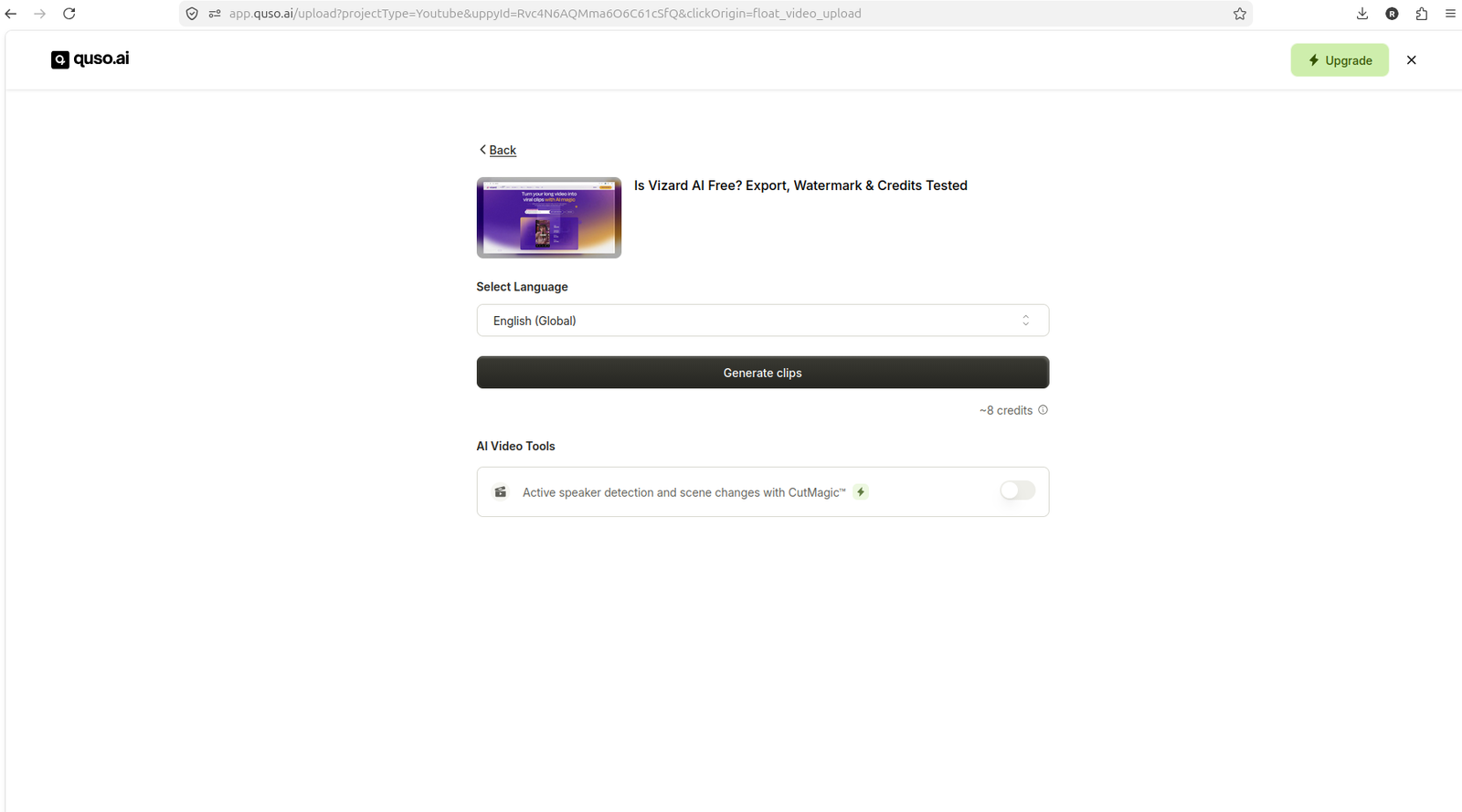Quso.ai YouTube import screen showing about 8 credits before generation