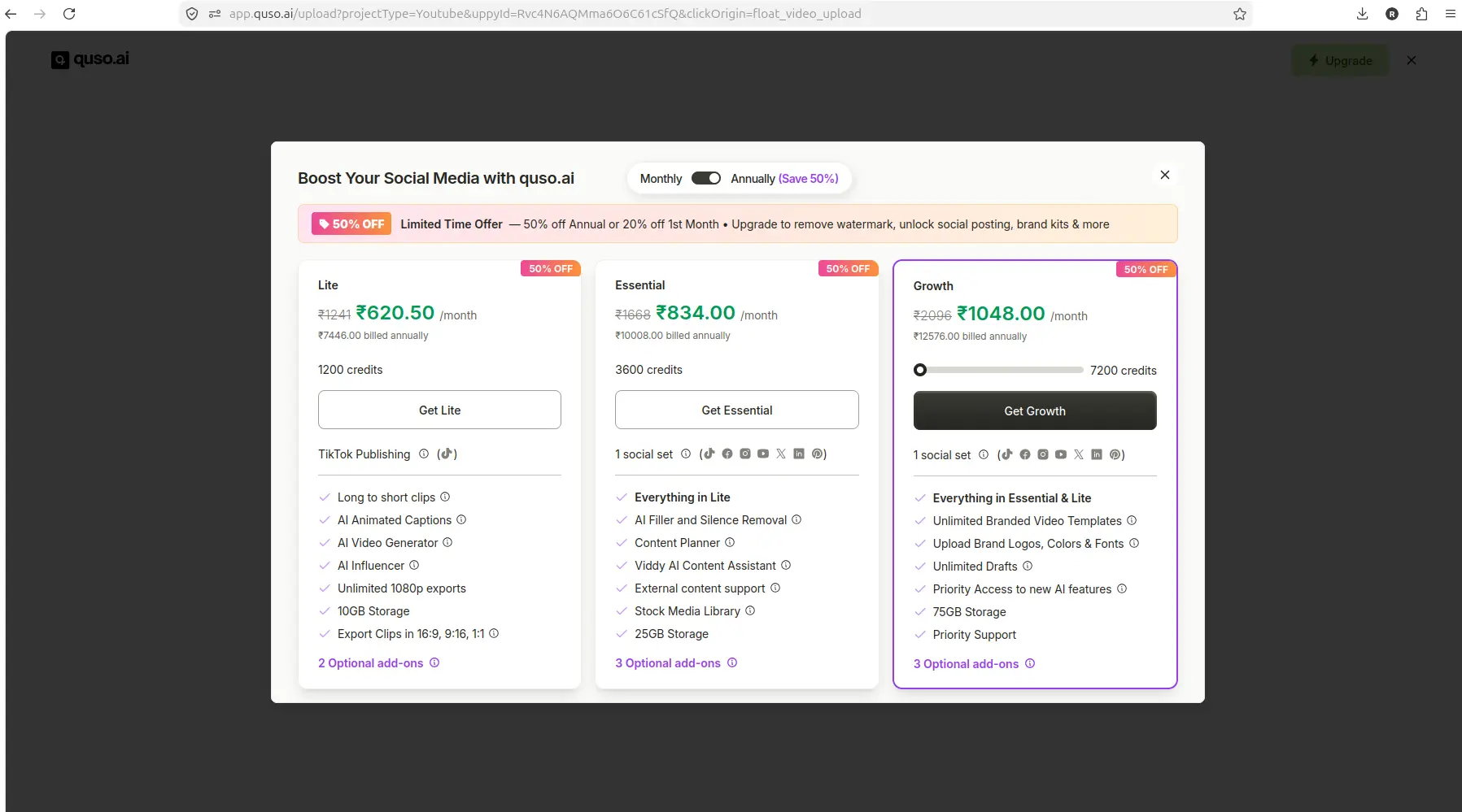 Quso.ai paid upgrade modal after clicking Generate clips for YouTube import
