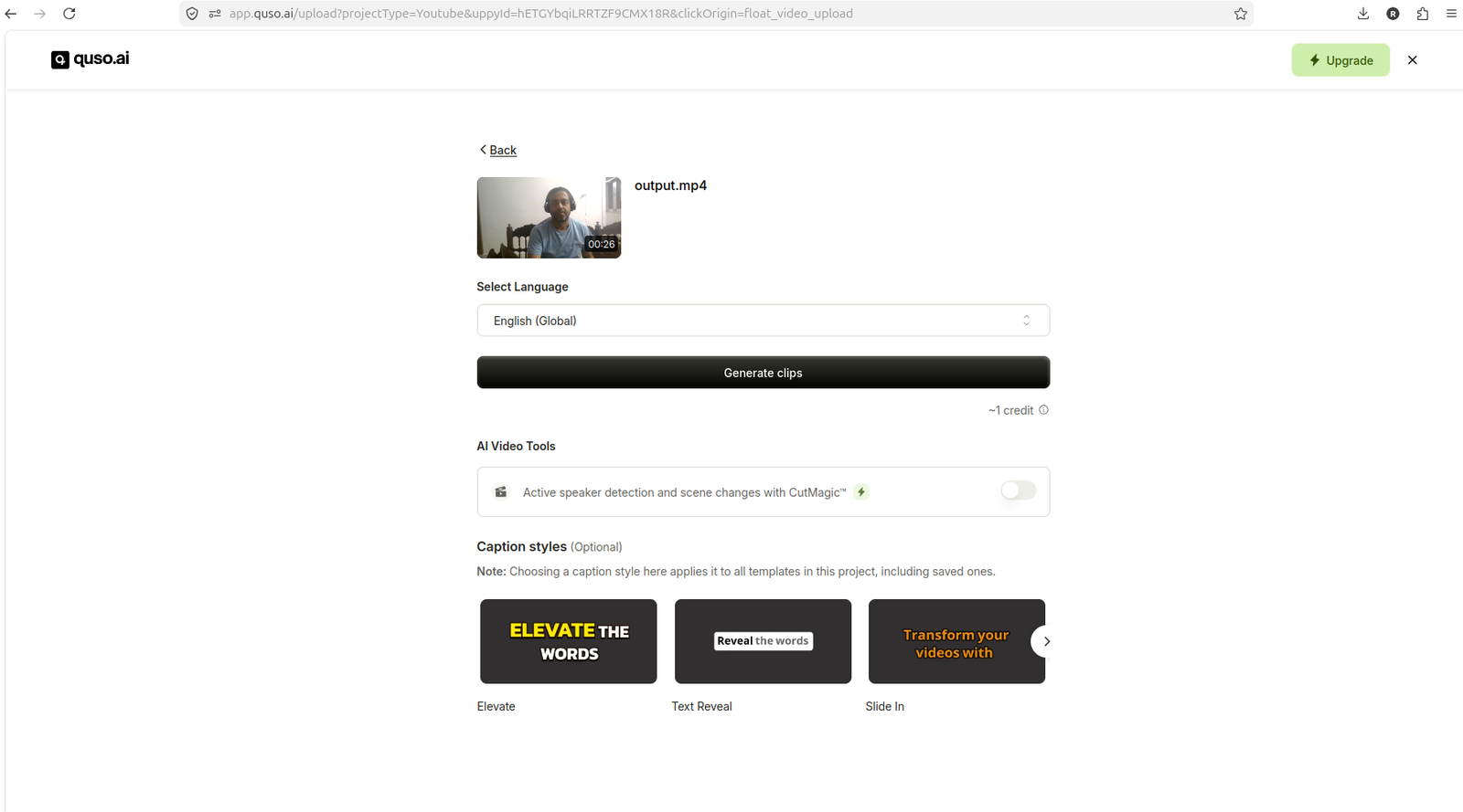 Quso.ai MP4 upload screen showing about 1 credit before generation