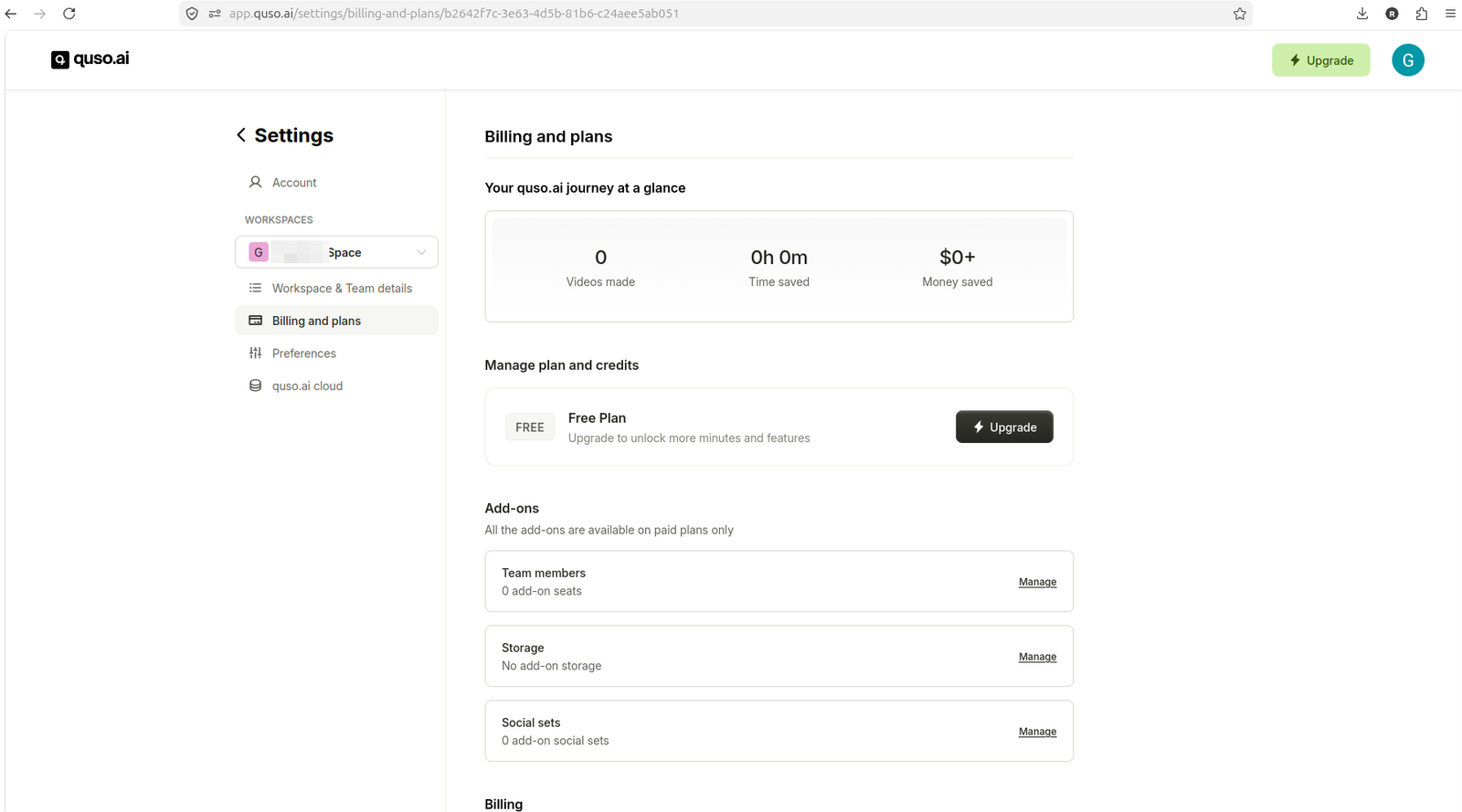 Quso.ai billing page showing Free Plan without a visible credit balance