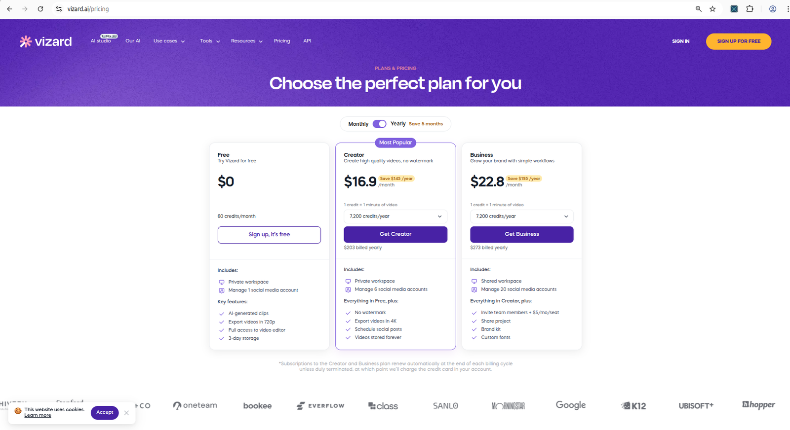 Vizard AI pricing overview showing free and creator plans