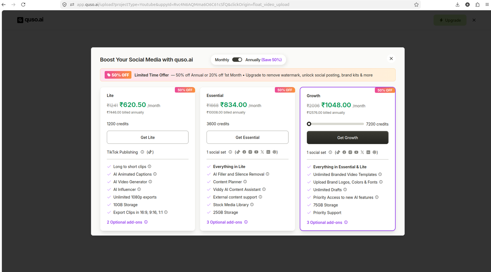 Quso.ai paid upgrade modal after Generate clips from YouTube workflow