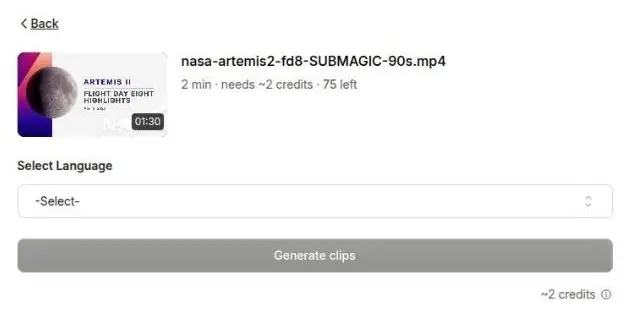 Quso.ai upload screen on a free account with the NASA Artemis II test clip attached, showing needs ~2 credits with 75 left, a language selector, and the Generate clips button