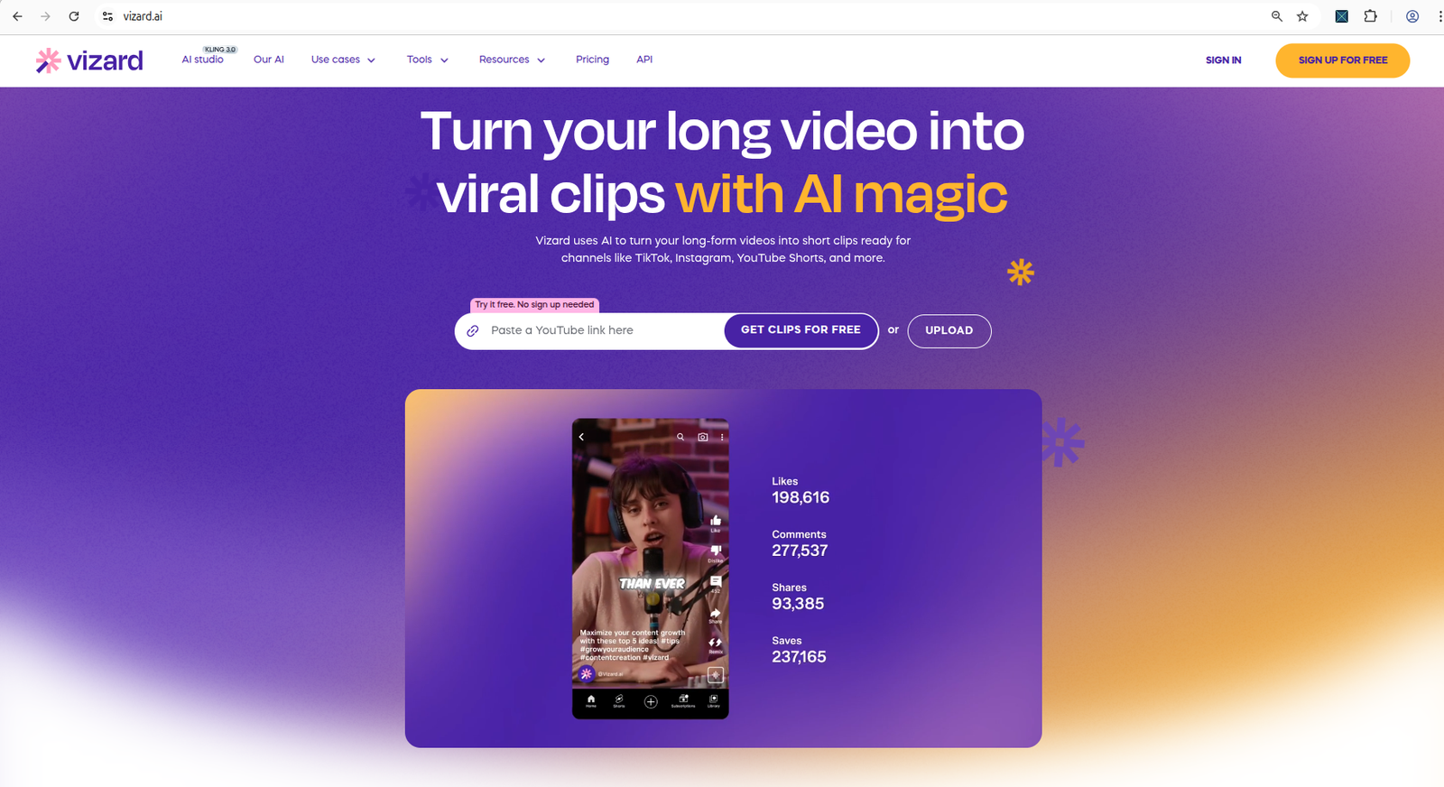 Vizard AI homepage explaining AI video repurposing for creating short-form content