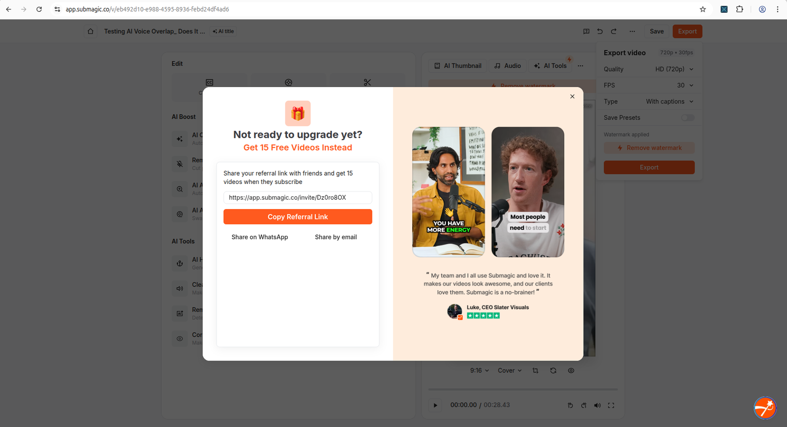 Submagic referral popup after closing the upgrade prompt