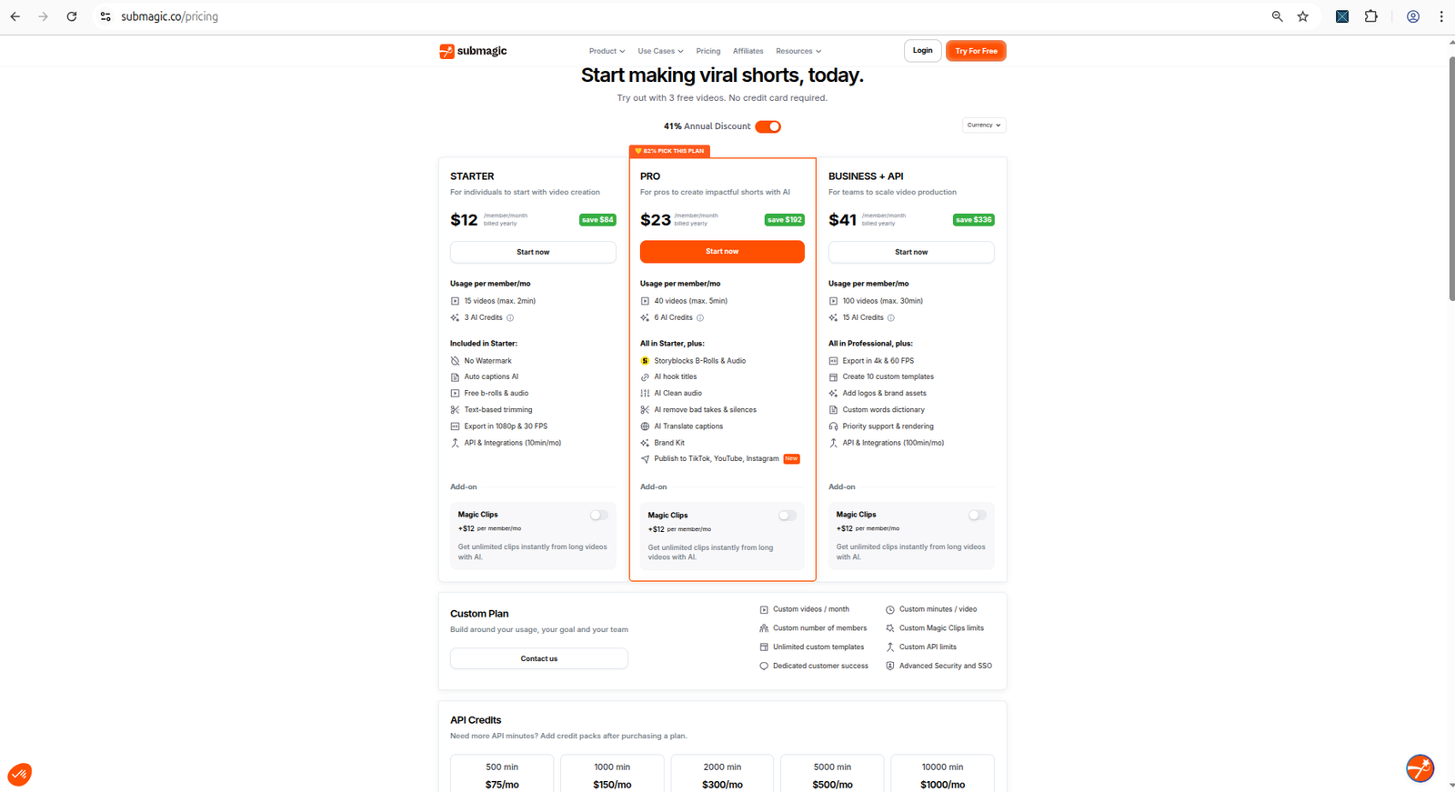 Submagic pricing page showing paid plans and usage limits