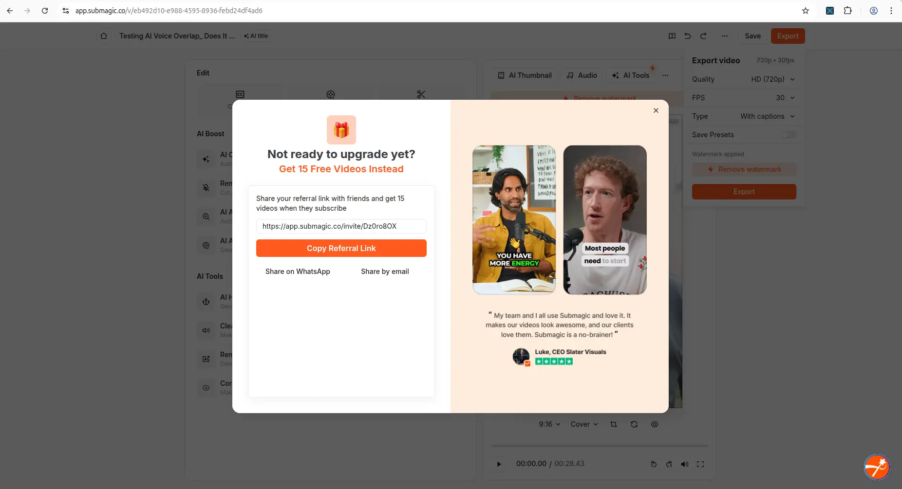 Submagic referral popup after closing the upgrade prompt
