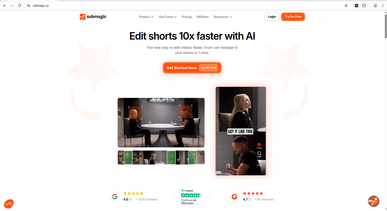 Submagic homepage hero for AI video repurposing