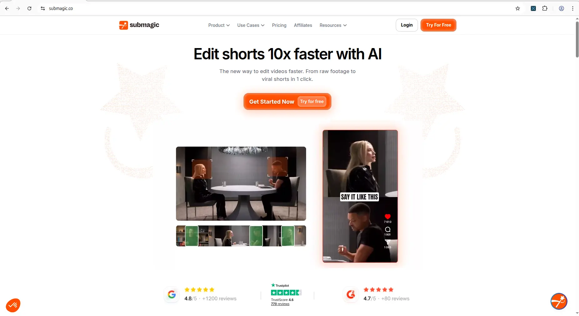 Submagic homepage hero for AI video repurposing