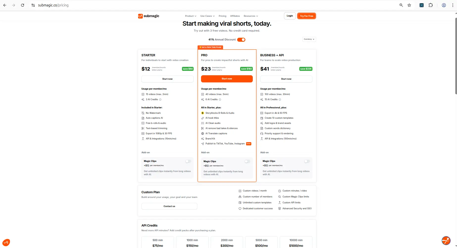 Submagic pricing page showing paid plans and usage limits