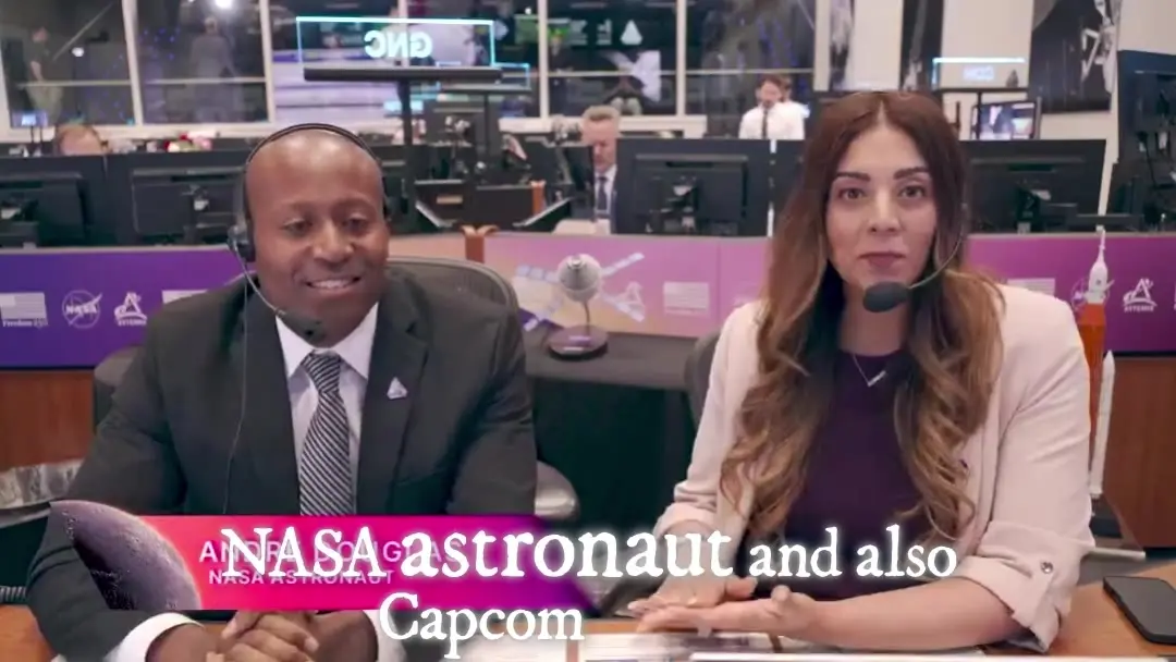 Frame pulled from the Submagic API export at 30 seconds, showing burned-in captions reading "NASA astronaut and also Capcom" and no Submagic watermark anywhere in the frame