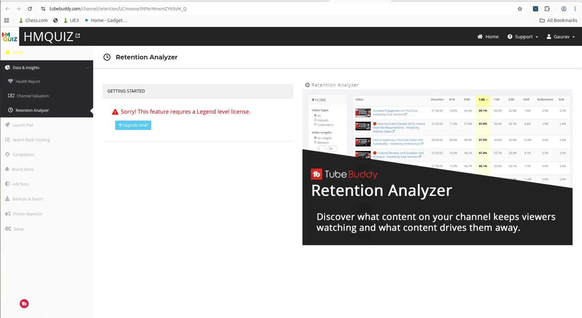 TubeBuddy feature locked behind a higher-tier license