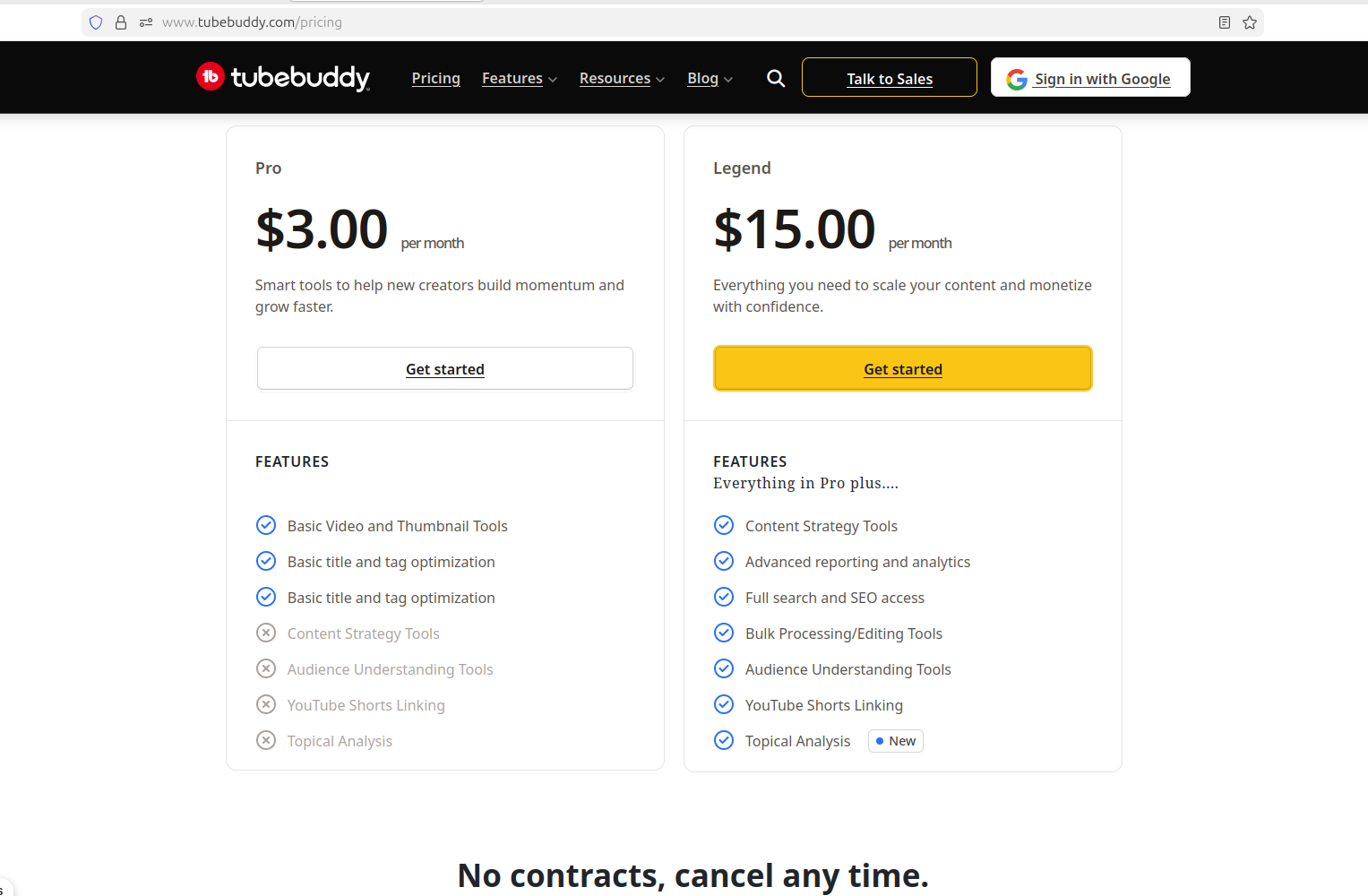 TubeBuddy pricing comparison showing Pro vs Legend