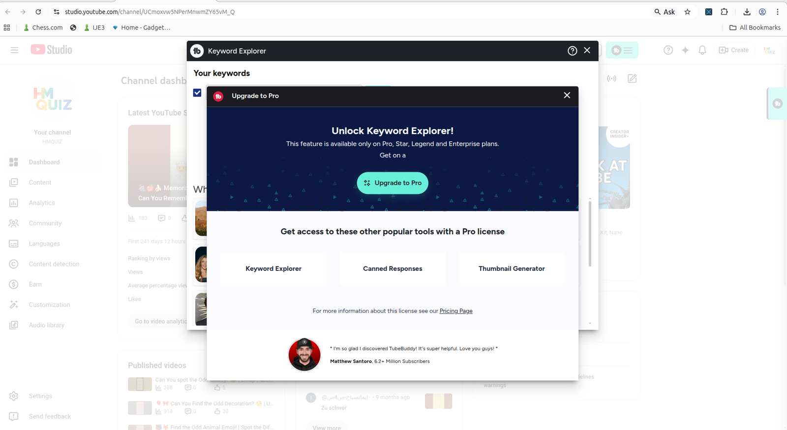 TubeBuddy paywall shown after trial access