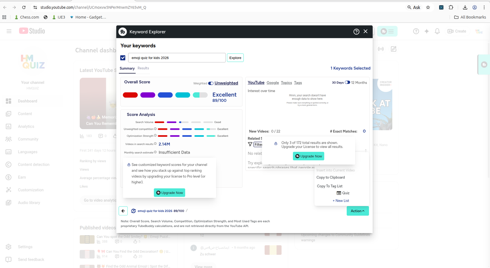 TubeBuddy Keyword Explorer summary screen