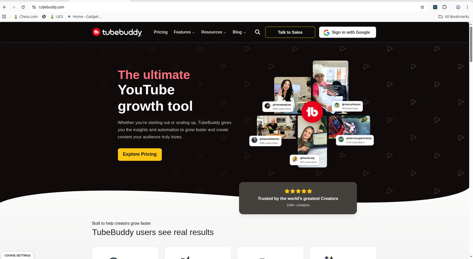 TubeBuddy homepage showing its creator-growth positioning