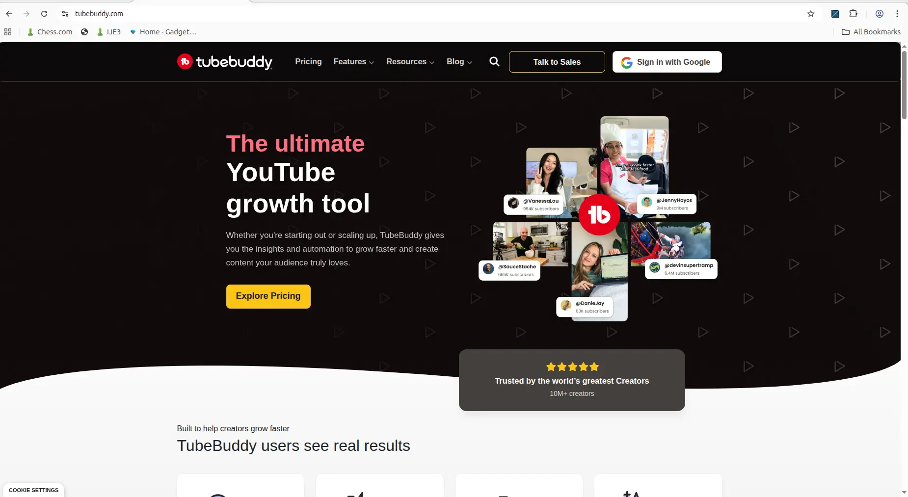 TubeBuddy homepage showing its creator-growth positioning
