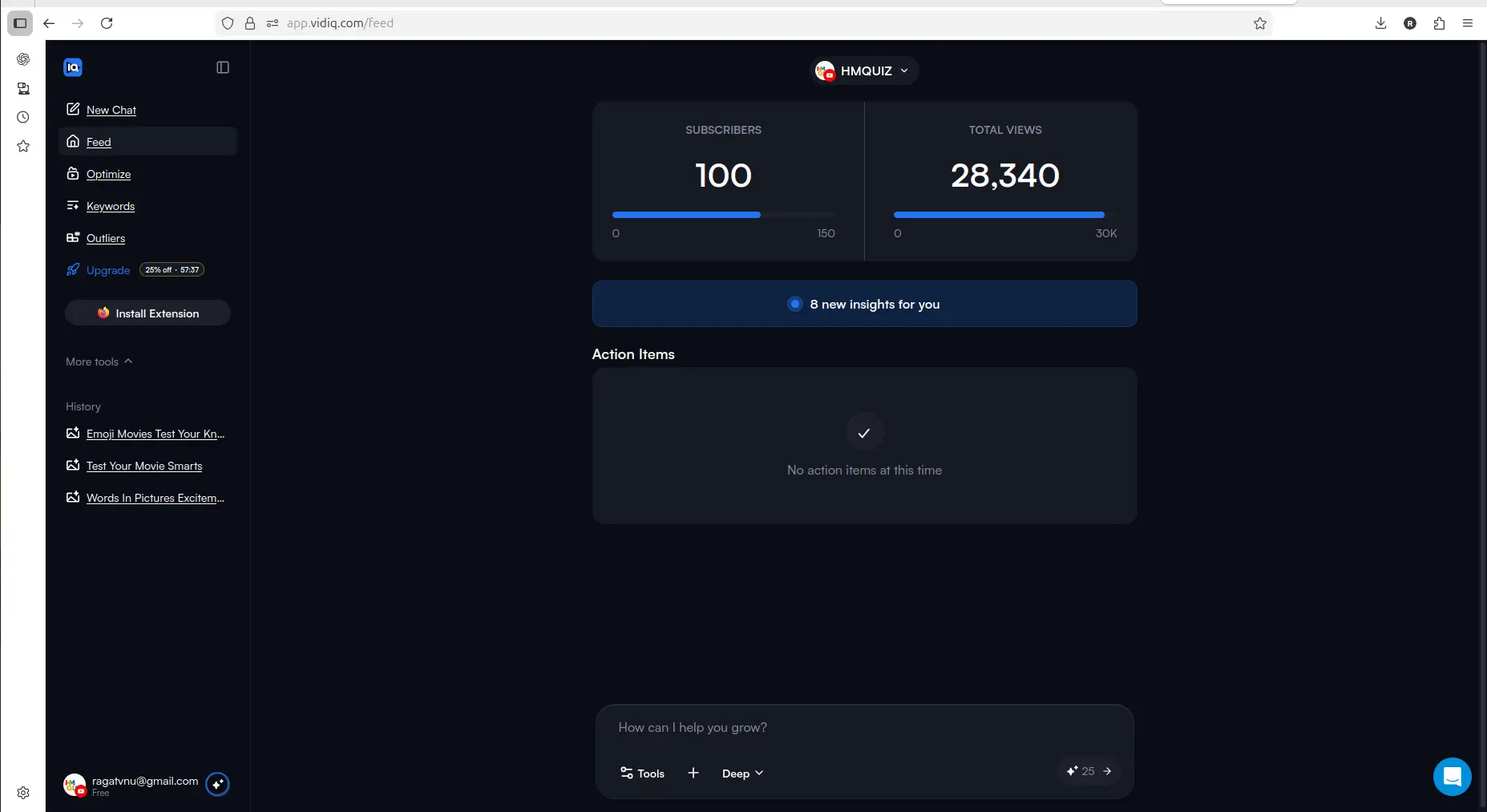 vidIQ channel insights and action items