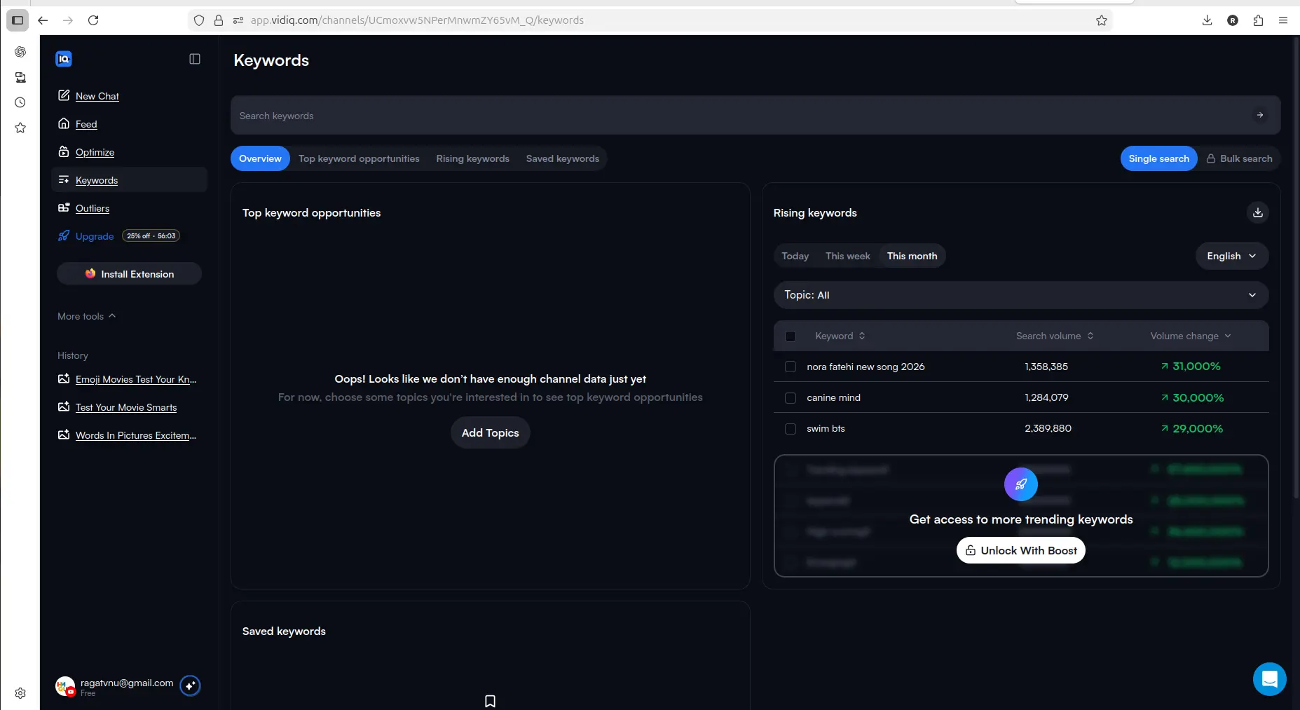 vidIQ keyword screen with Boost unlock prompt