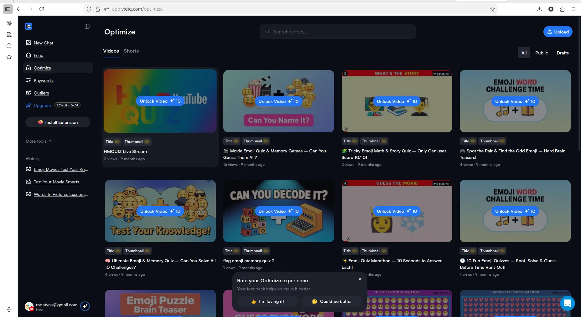 vidIQ Optimize section showing existing videos