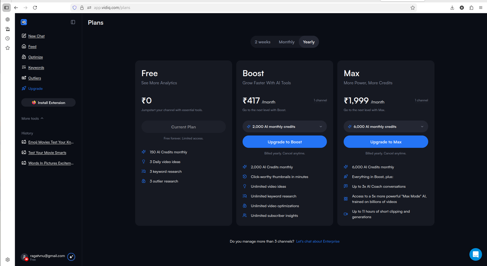 vidIQ pricing screen showing Free, Boost, and Max