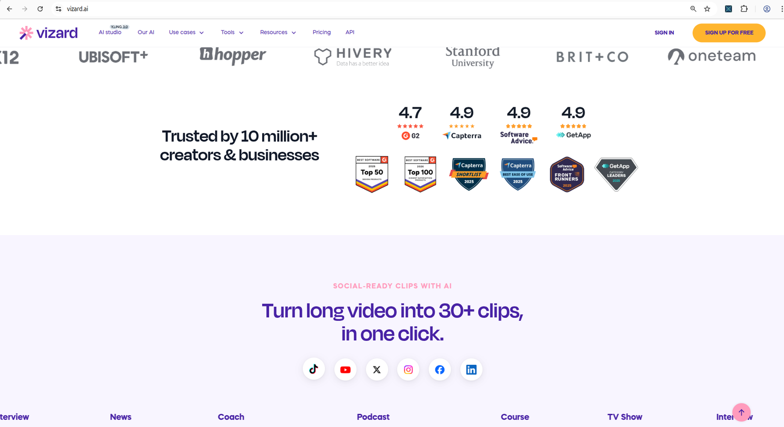 Vizard AI homepage hero for AI video repurposing