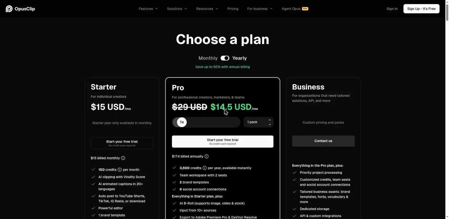OpusClip pricing page showing the Starter and Pro tiers and the free-forever plan
