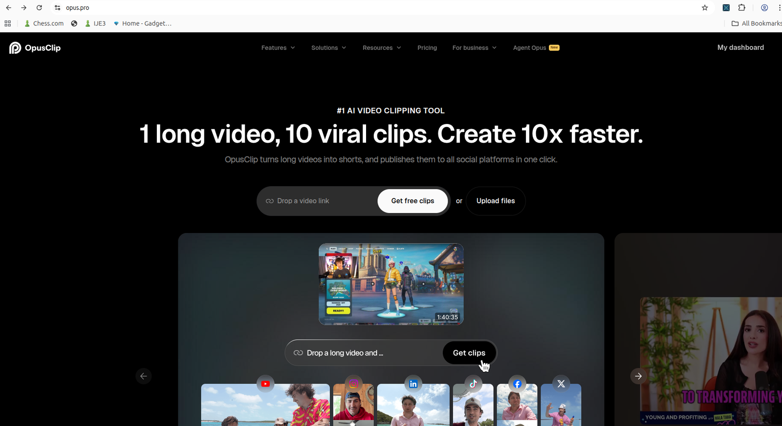 OpusClip dashboard showing available credits