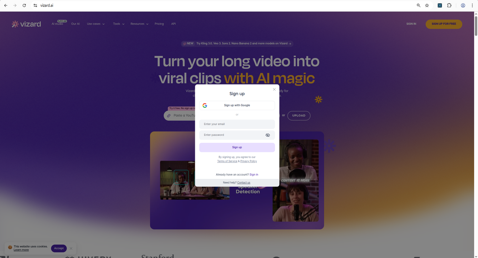 Vizard AI signup or onboarding screen