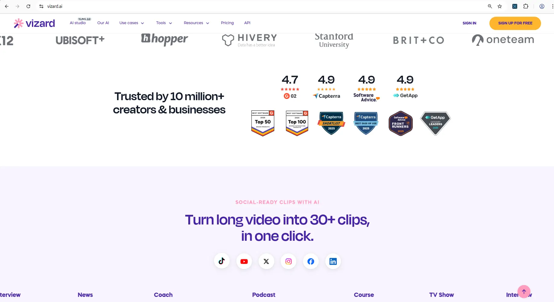 Vizard AI homepage hero for AI video repurposing